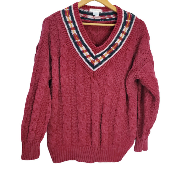 Vintage Sweaters - Vintage 90s Jamie Scott Red V-Neck Cable Knit Pullover Sweater Size Medium